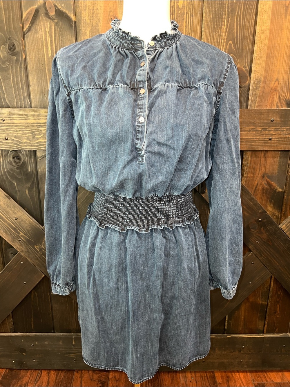 Rails Shawna Dark Vintage Mini Denim Dress XS Smocked Chambray Ruffles Boho
